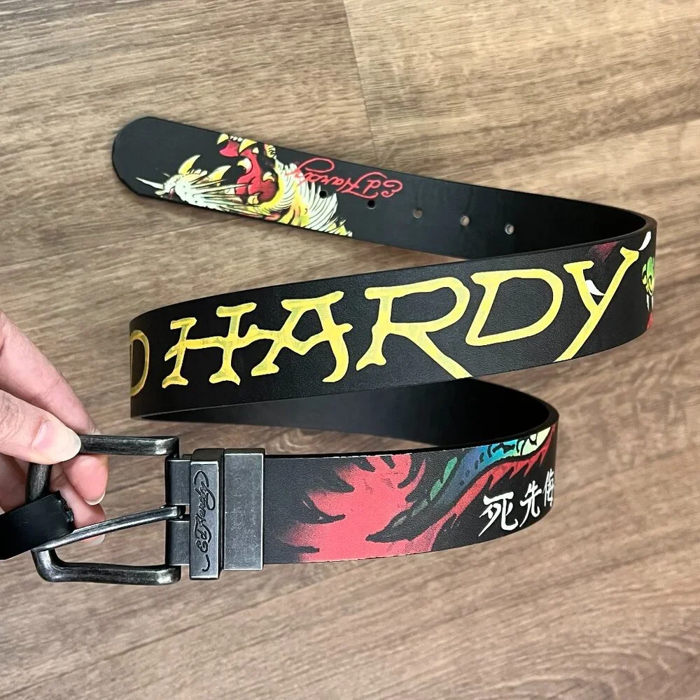 NEW Ed Hardy Tattoo Dragon & Tiger Black Reversible Belt Sz 36